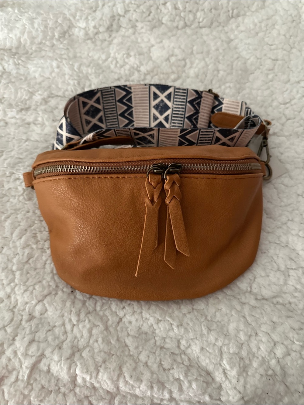 Tan Leather Crossbody Belt Bag with Patterned Strap